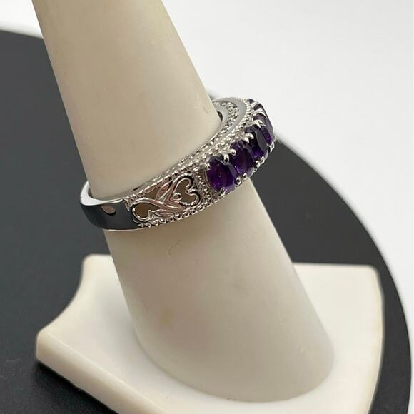 Amethyst Faceted Oval Sterling Stainless Steel Open Heart Flank Ring Sz 7.5 - Picture 2 of 8